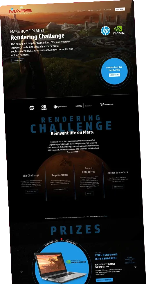 HP Mars Home Planet rendering challenge landing page on desktop, showing the prizes