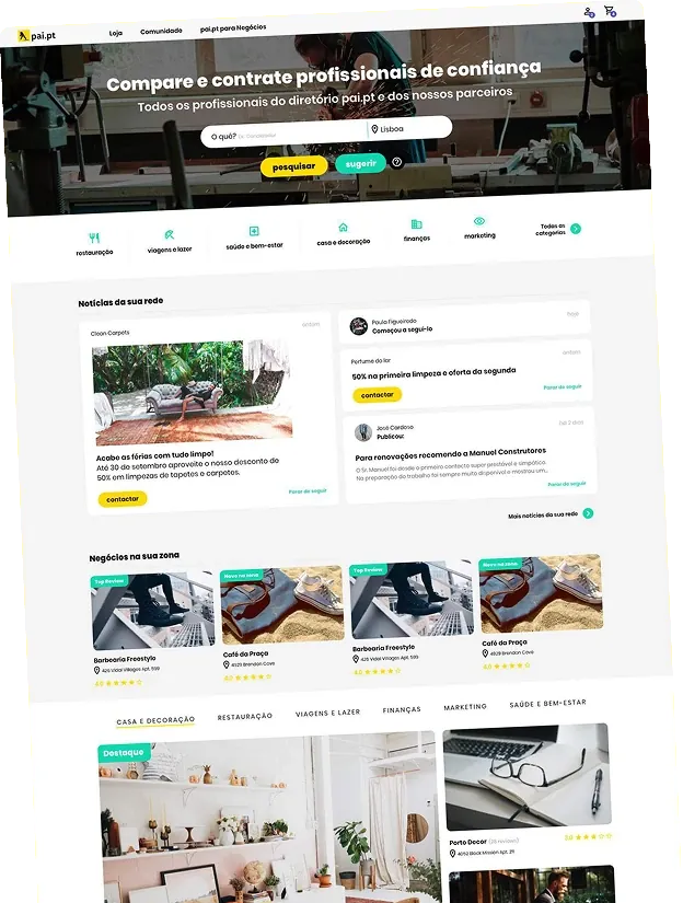 Páginas Amarelas service marketplace on desktop with service categories and listings