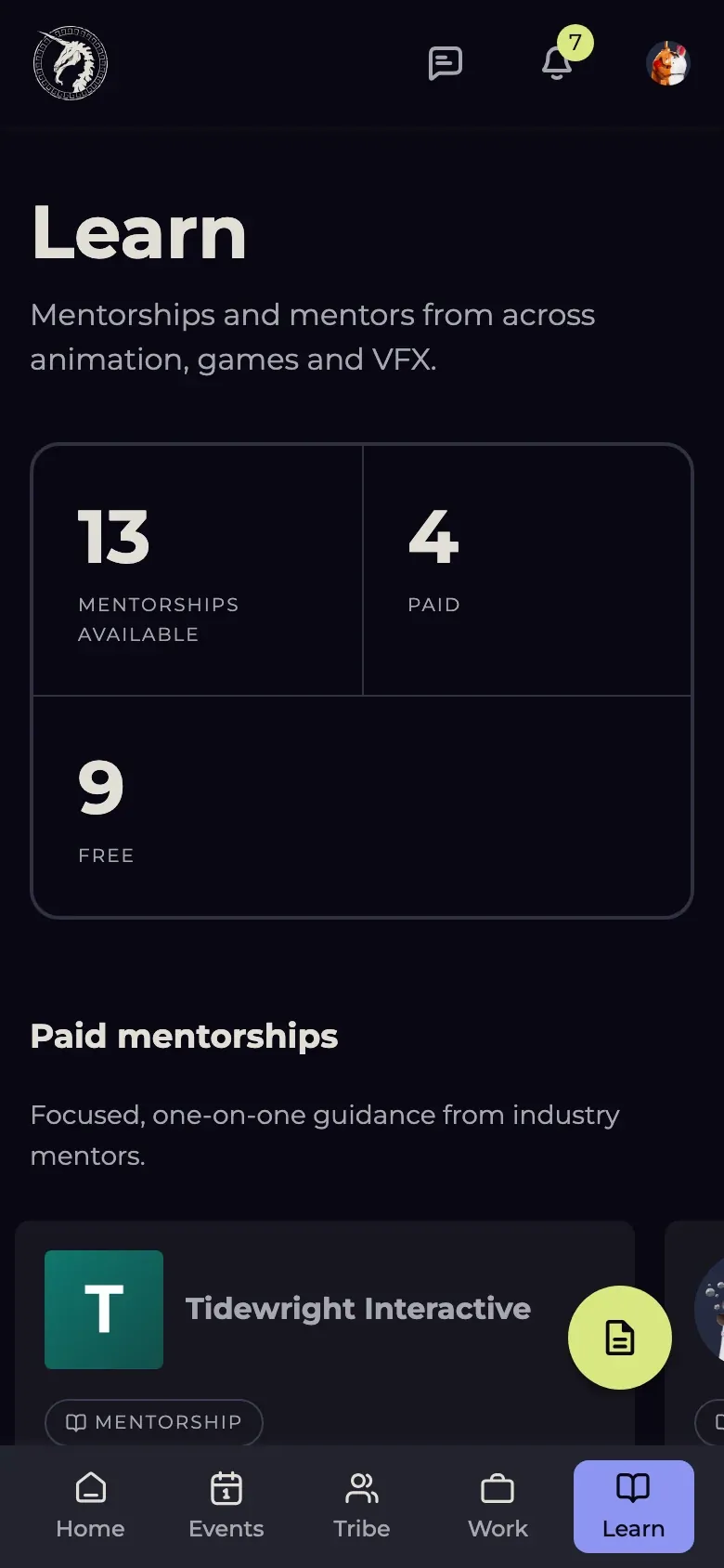 THU Learn area on a phone, showing 13 mentorships available, paid and free