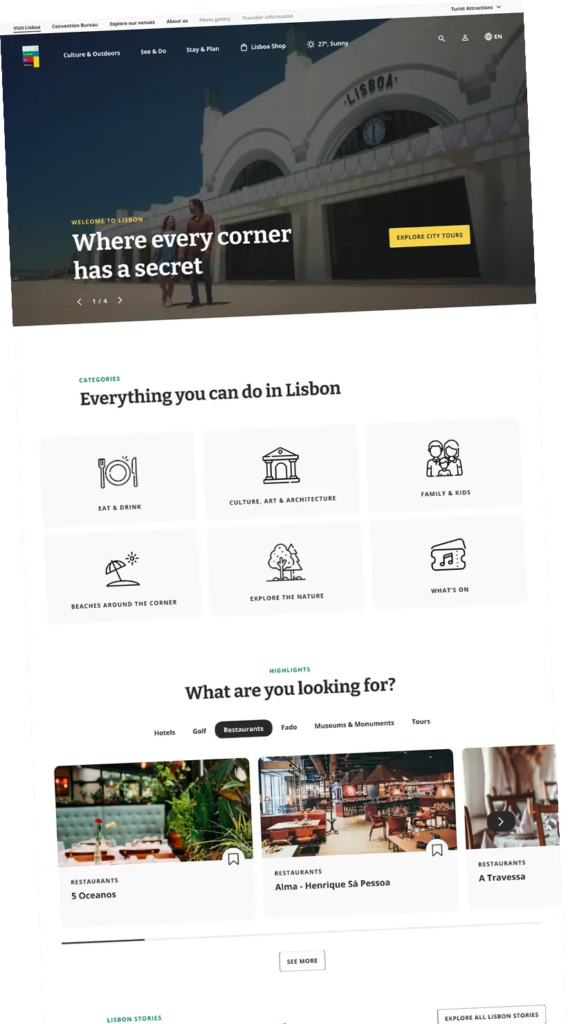 Visit Lisboa website on desktop, listing everything you can do in Lisbon